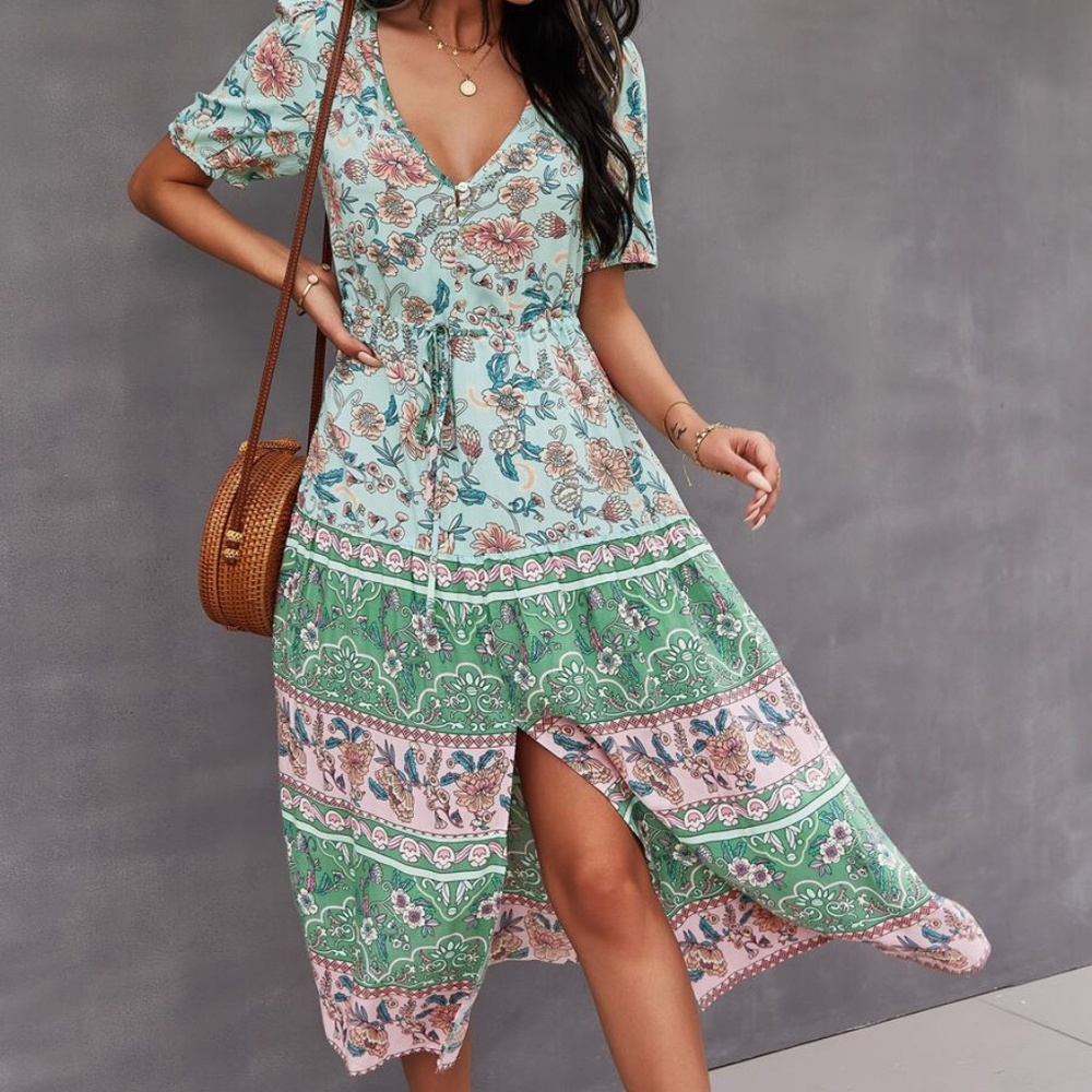 Boho Green Mint Floral Slit Button up Midi Dress - Picture 3 of 6
